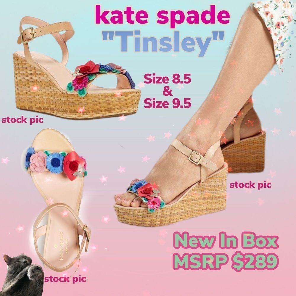 NIB $289 kate spade | Tinsley | Leather Wedges with Floral Detail & Natural